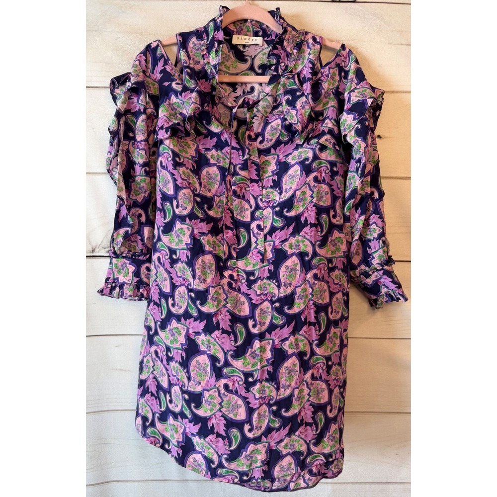 Sandro Paris Purple Paisley Ruffle Cold Shoulder Mini Dress R5225H-94